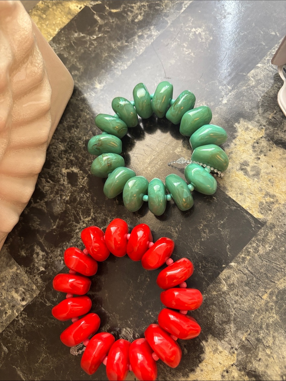 Chunky Bead Stretch Bracelets - Green & Red